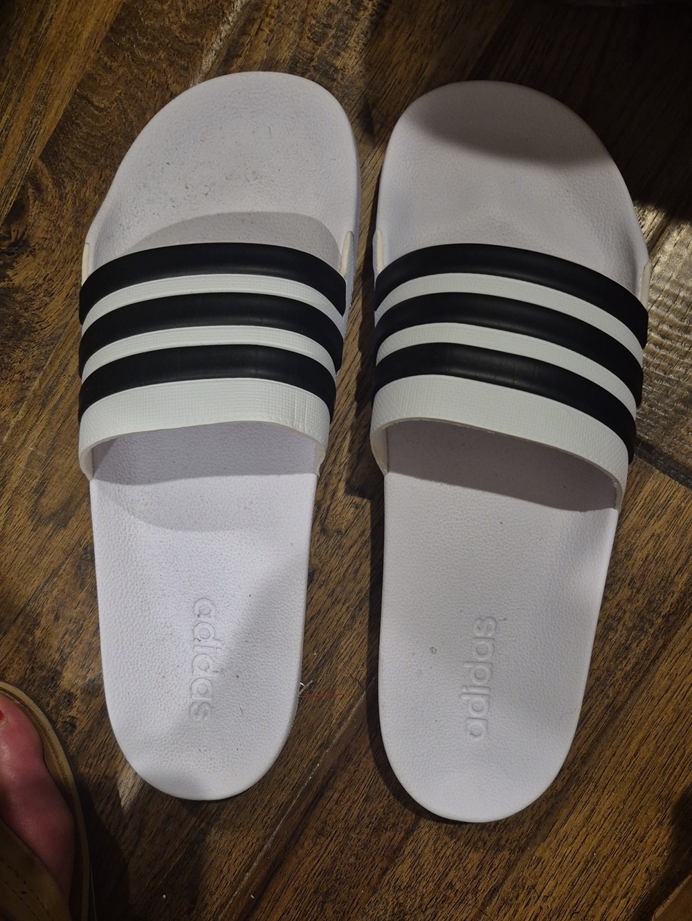 adidas White and Black Three-Stripe Slide Sandals